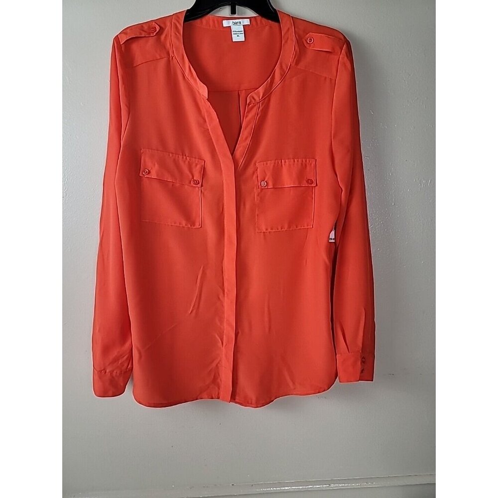 Bar III Blouse Sz XL Orange Bright Harvest V Neck Roll Long Sleeve Front Pocket